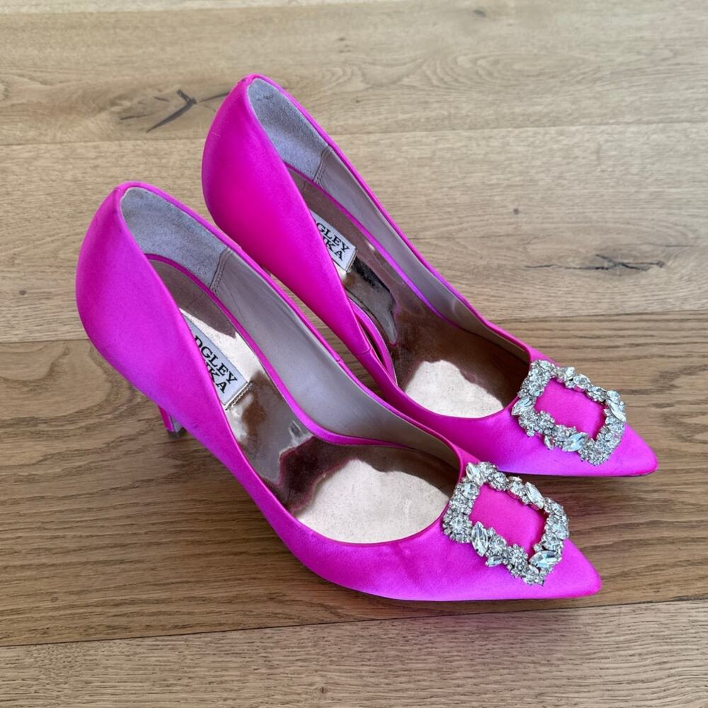 Badgley Mischka - Cher Crystal Embellished Satin Pumps in Hot Pink & Silver